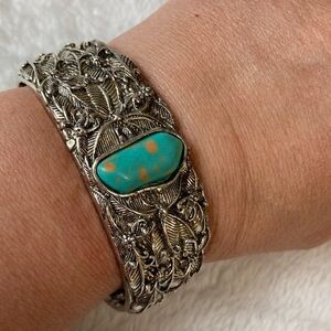 Vintage‎ Ornate Cuff Bracelet w/ Faux Turquoise